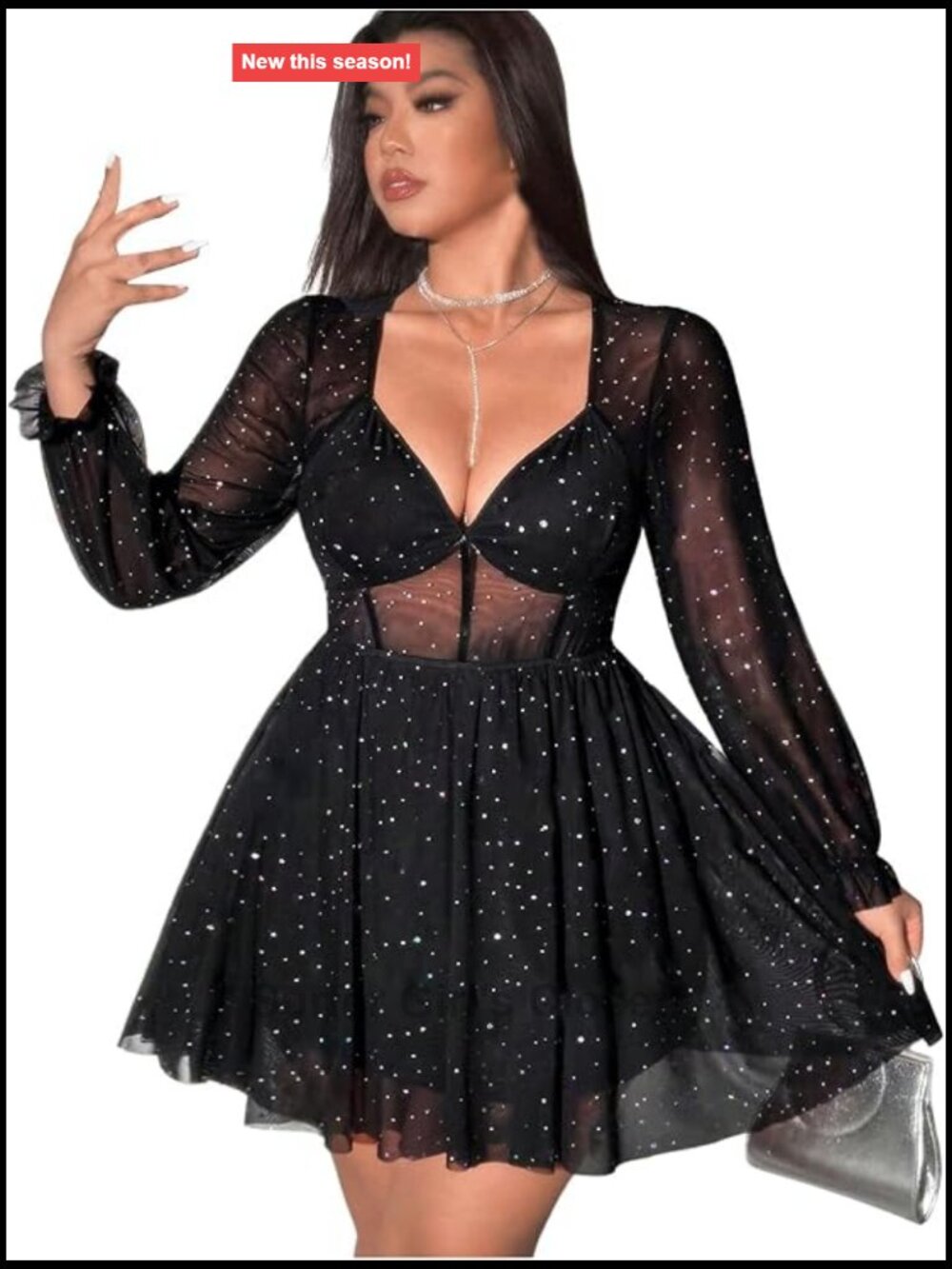 Plus Size Sequin Sheer Mesh Long Sleeve Bustier Dress Party
